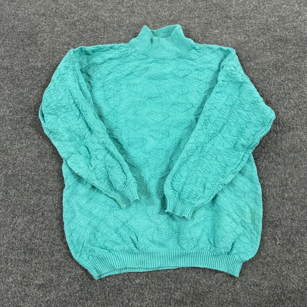 Interim Sweater Womens Size M Teal Heart Knit Cotton Mock Neck Vintage Pullover